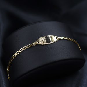 Pulsera Tejido Troquelado Placa Virgen Milagros | Oro 18k