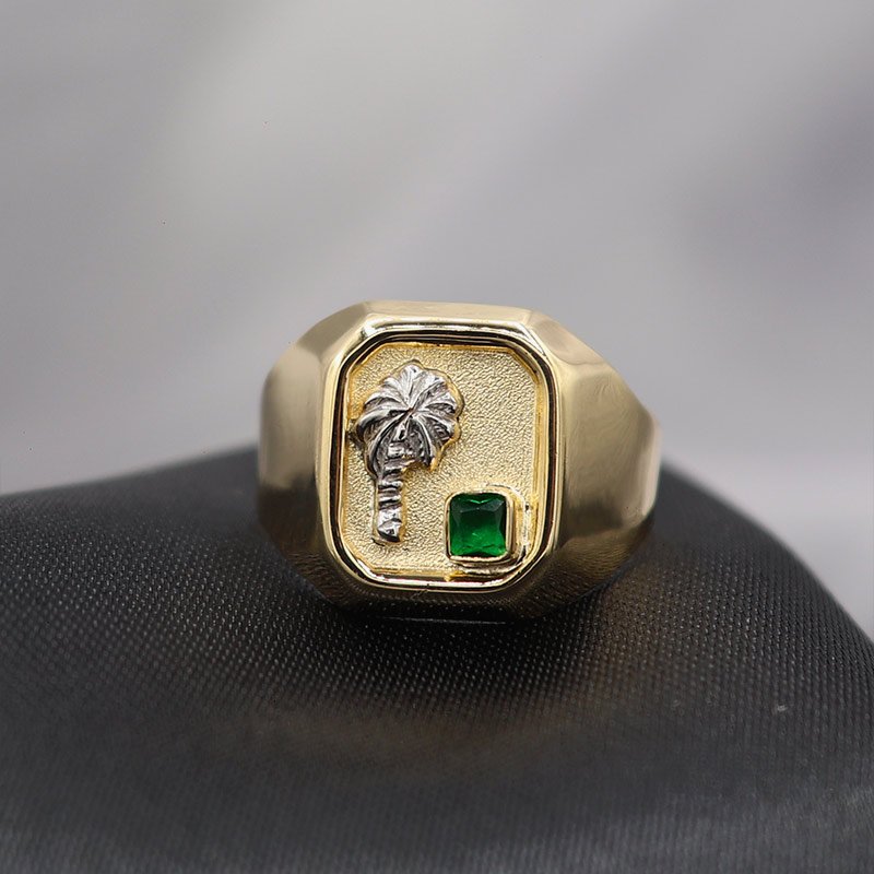 Anillo Palma Con Circon Verde | Oro 18k